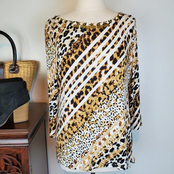 Ruby Rd. Soft Striped Animal Print Embellished Neck Side Drawstring Top Size L - Picture 2 of 9